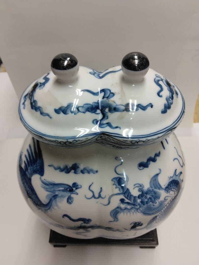 中国美術。青花竜鳳紋連瓶。