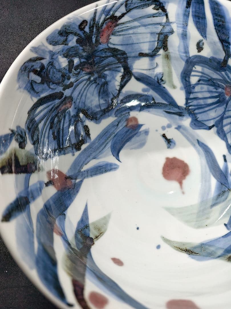 陶芸家梅田純一作品 赤絵手描き深鉢 鉄釉 共箱 蒐集家放出美品 未使用蔵出し