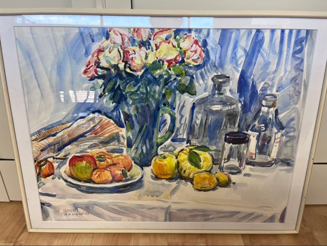 水彩画　NIICHINakamoto 絵画　額縁　インテリア　花と果物の絵