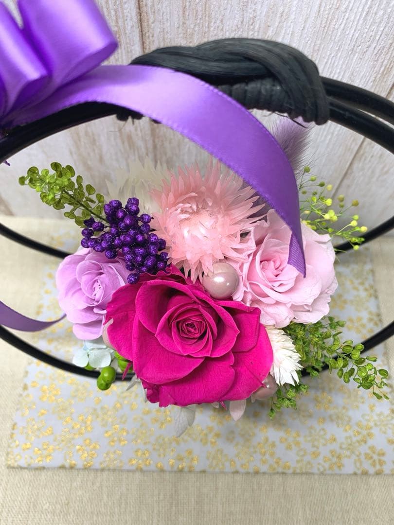 HANDMADE プリザーブドフラワー アレンジメント 花籠 薔薇