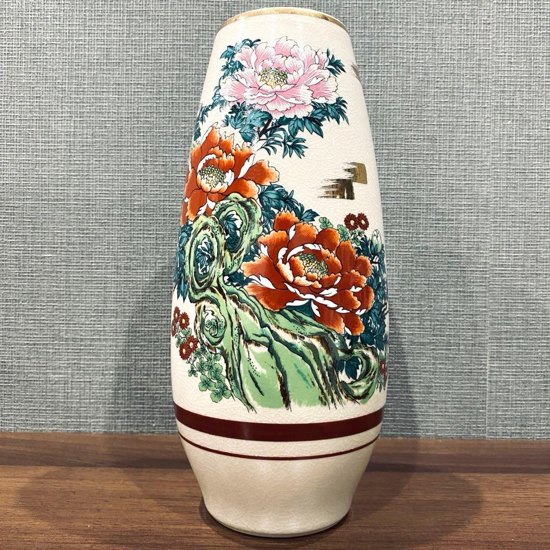 【九谷焼】九谷美泉　床飾り　花柄　陶器　花瓶　スタンド付き