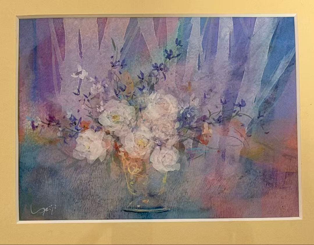 花の静物画 水彩画風 額装 インテリアアート 装飾画 #120-4