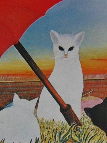 フェルディナン・デスノス、赤い傘の下の猫、希少画集画、新品額装付、状態良好