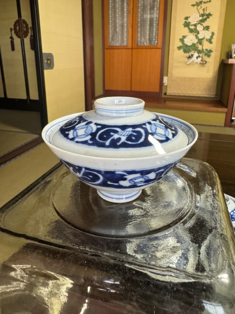 古伊万里 伊万里焼　染付総模様蓋付碗　10客　　江戸後期