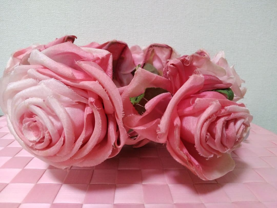 アンティーク フランス ピンク 薔薇の布花 小物入れ