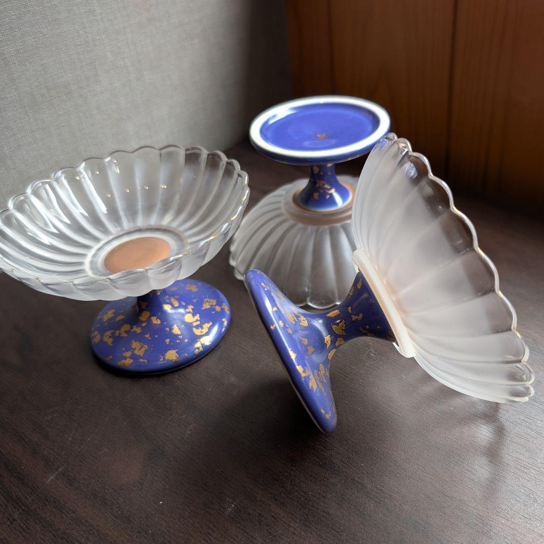 【希少】金彩が美しいハイブリッド高台皿 3脚セット ふぐ刺し　ガラス陶器 料亭