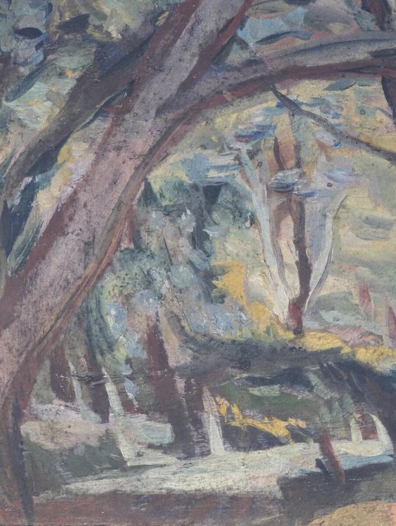 【真作】絵画　油彩（板絵）　樹間（軽井沢風景）　森林風景　木立の情景　Z91