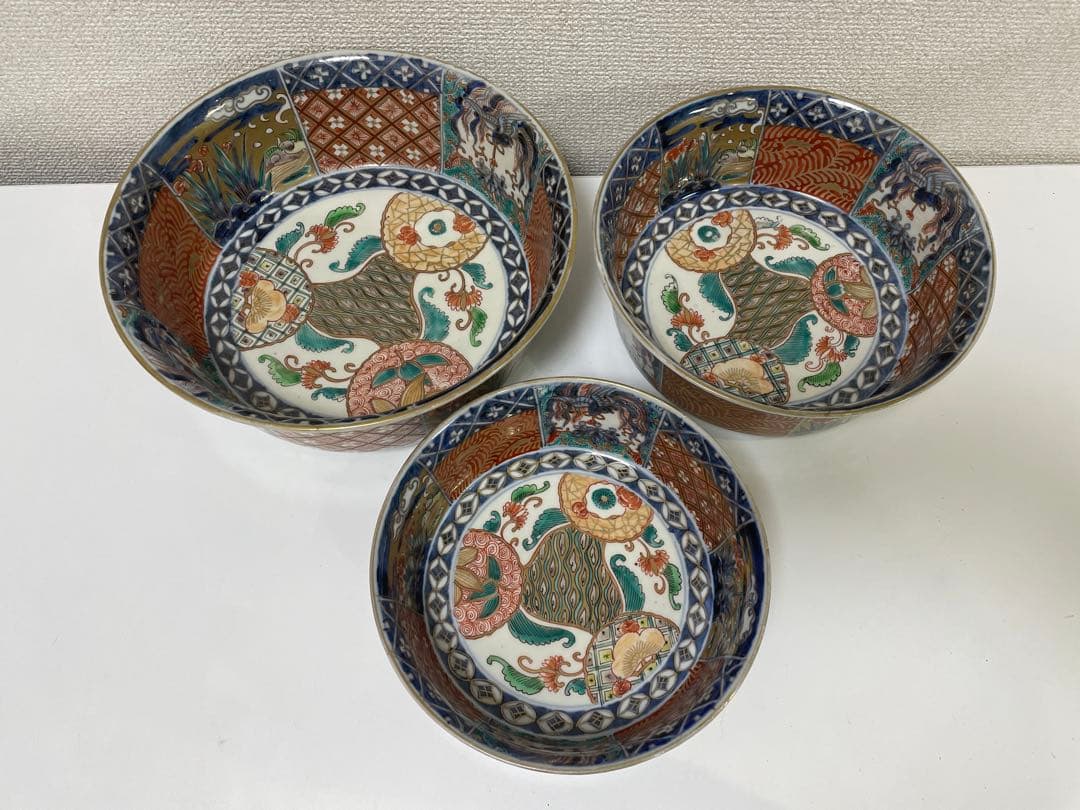 【現状品】古伊万里 有田焼 三ツ鉢 金彩 朱絵 アンティーク 時代物
