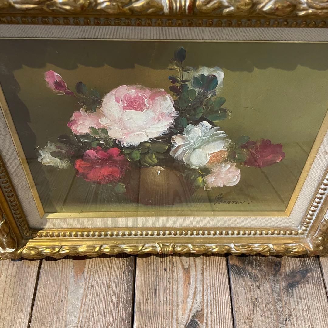 ドイツ人画家/G.Barton『薔薇』/油彩　骨董/バートン/静物画/絵画/額装