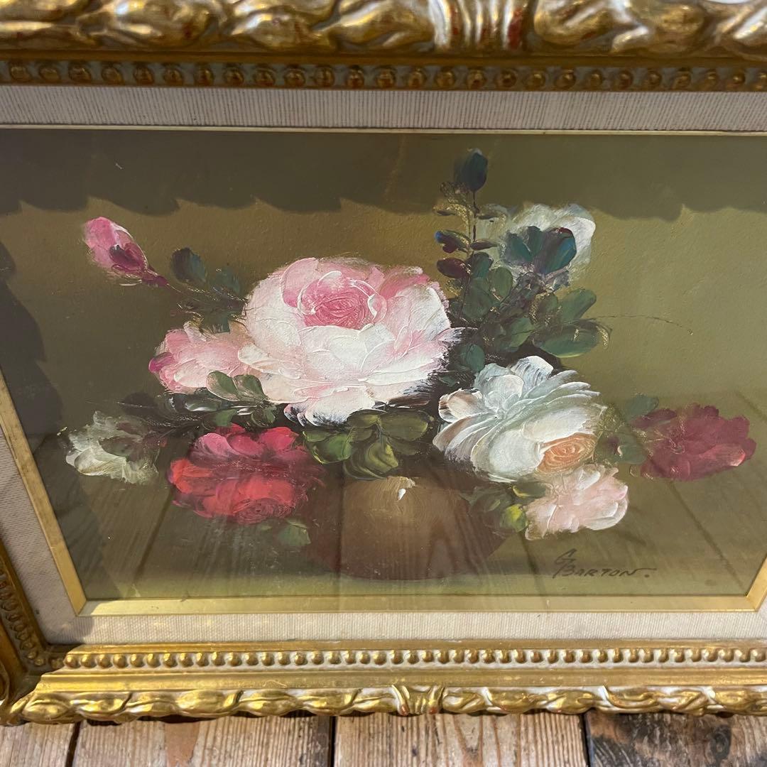 ドイツ人画家/G.Barton『薔薇』/油彩　骨董/バートン/静物画/絵画/額装