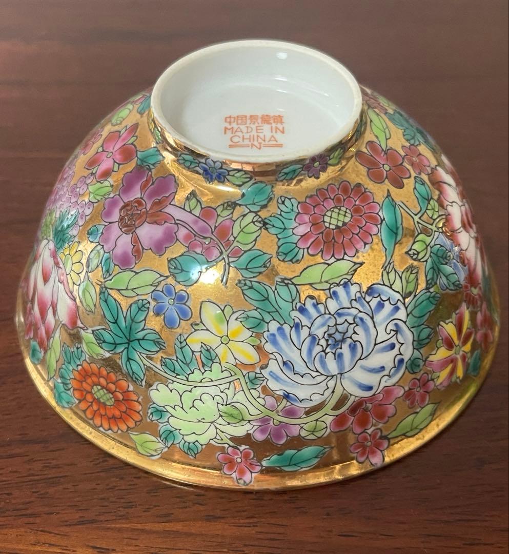 中国景德鎮60～70年代輸出品.金地百花牡丹柄お碗5個セット。希少美品。蔵品。