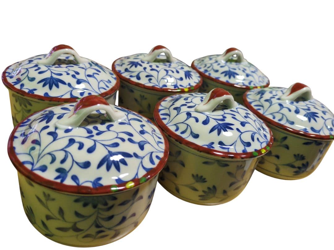 【未使用】有田焼　高峰窯　朱巻唐草　蓋付き　茶碗蒸し　蒸し椀 6個セット