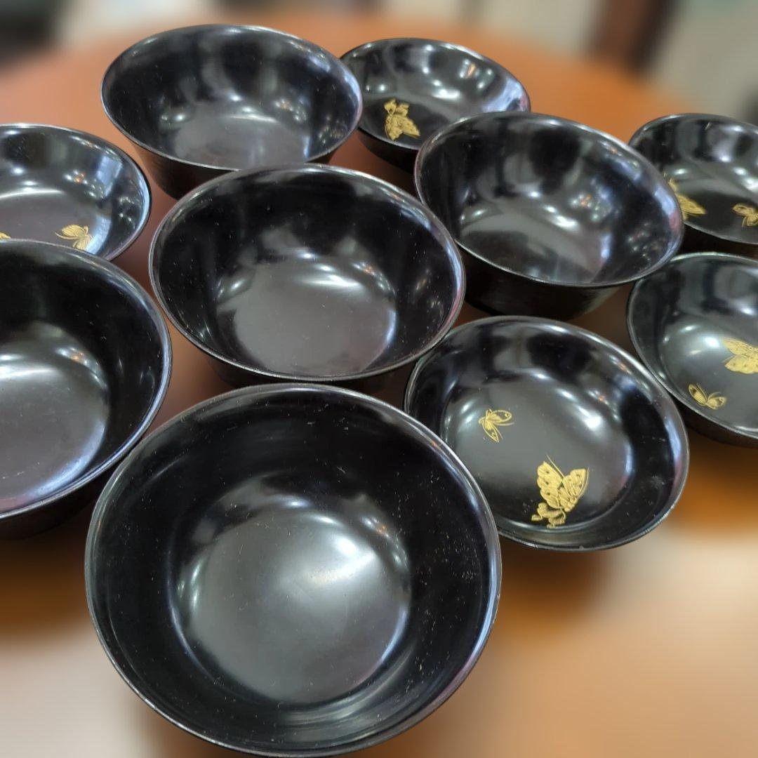 骨董　蓋付椀　木製　漆器　沈金蒔絵　蝶々　花　漆絵　5つ〜