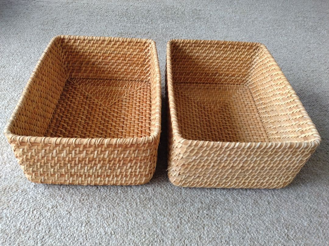 【訳あり】MUJI無印良品 重ねるラタン長方形バスケット中×4個/カゴ小物入れ