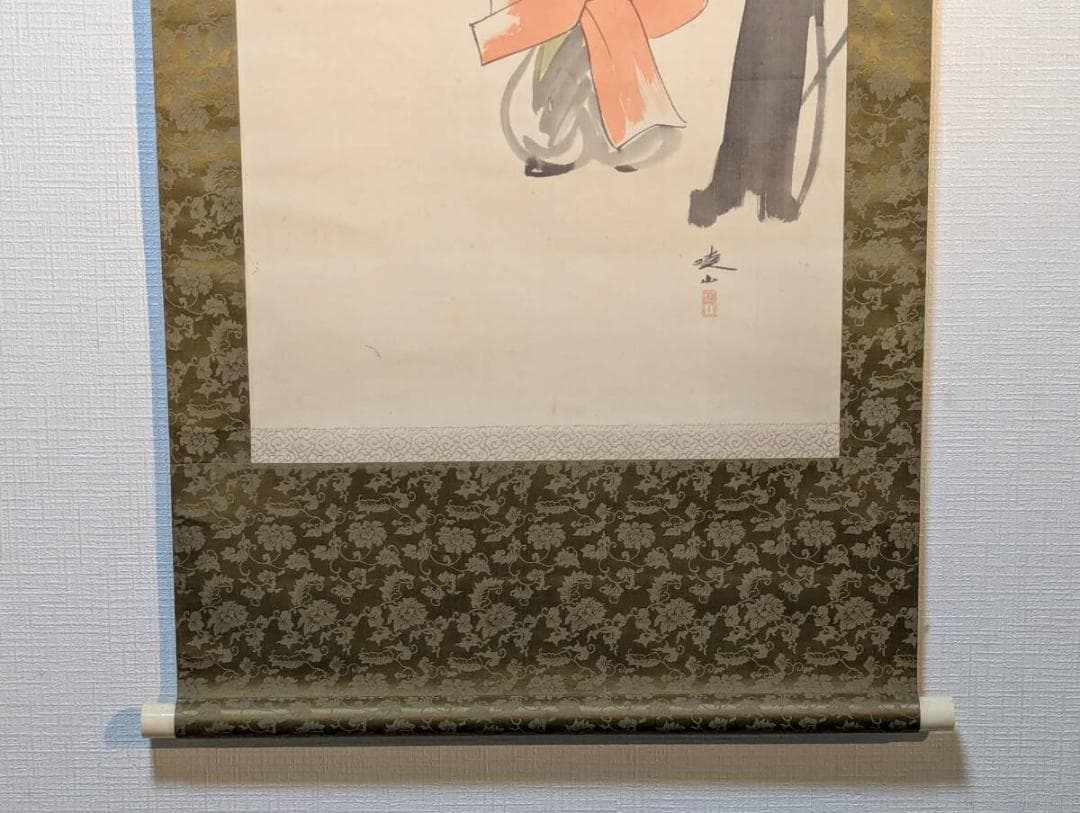 【真作】掛軸　棚田暁山　月下梅人物図　雅趣彩色画　古画調　共箱入　U123