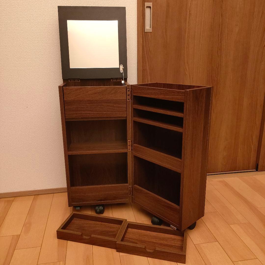 美品 ミラー付コスメワゴン ドレッサー 木目 大容量 収納