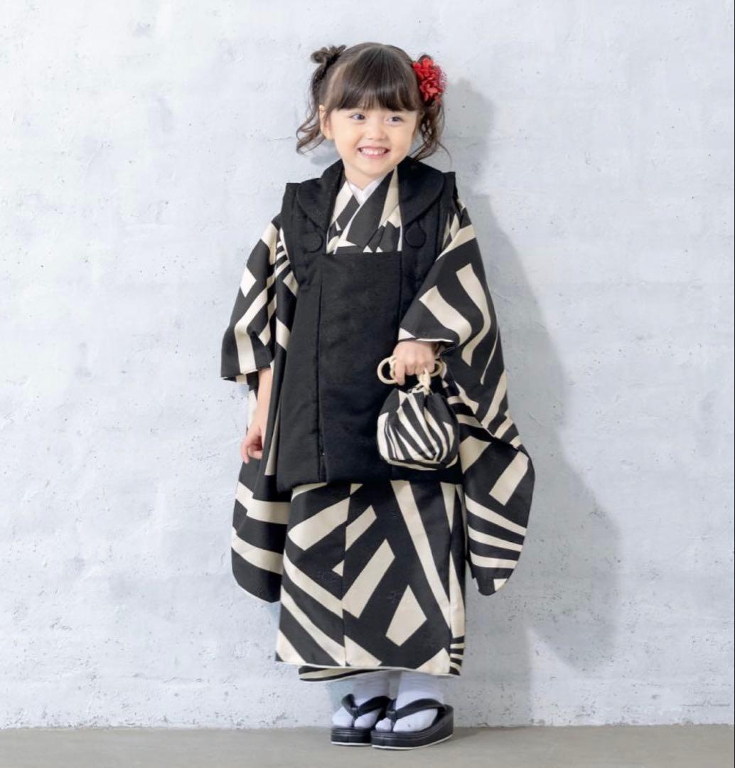3歳用 七五三着物セット 黒白ストライプ 5点セット