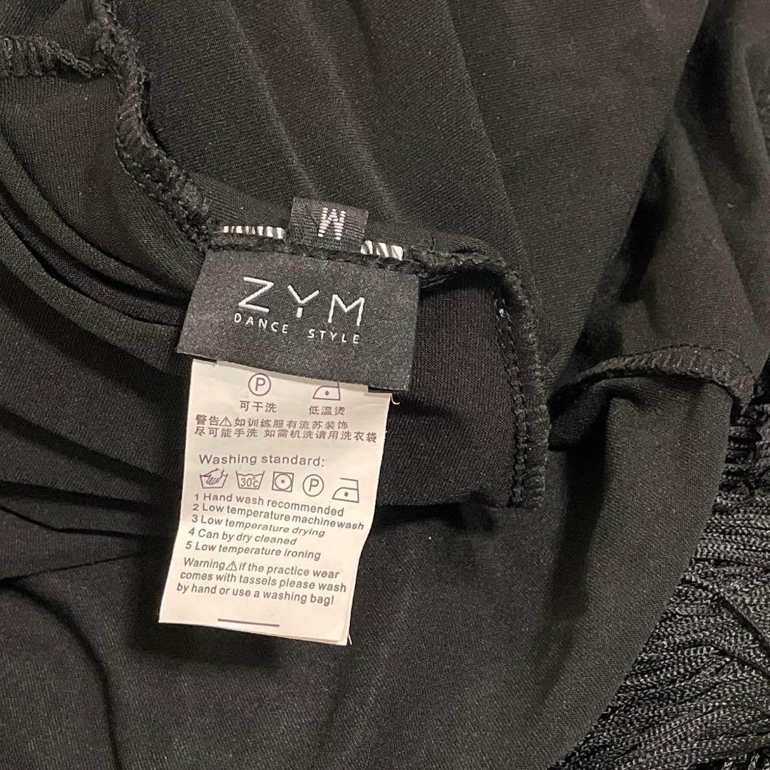 ZYM 社交ダンスドレス ラテンドレス 黒 フリンジ Vネック シャーリング