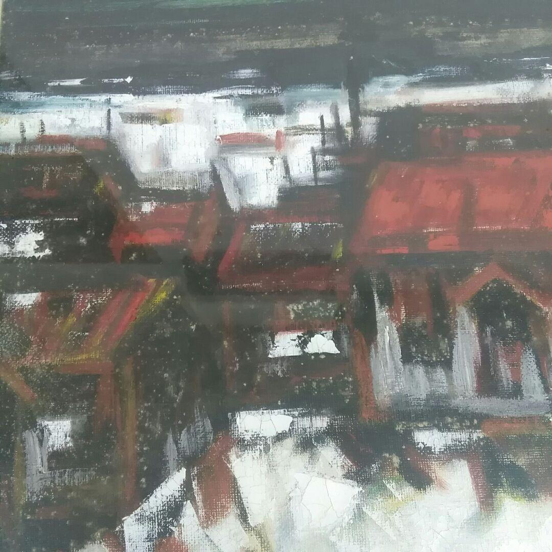漁村風景画　油絵