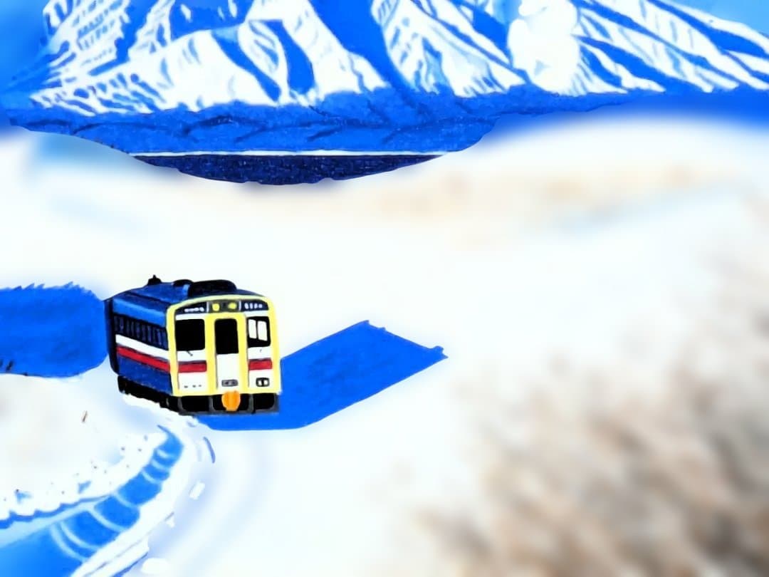 ★利尻島と走る電車・肉筆油彩画・F6キャンバス