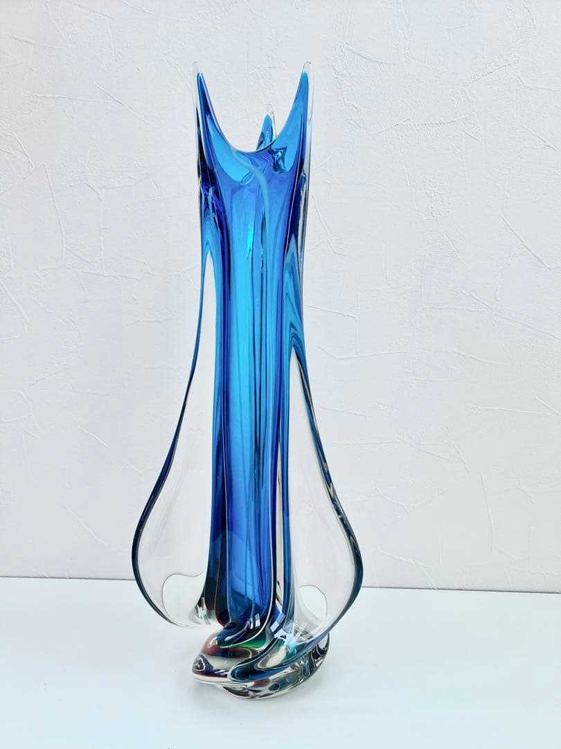 ガラス 花瓶 フリル フラワーベース マルティ グラス 昭和 レトロ blue
