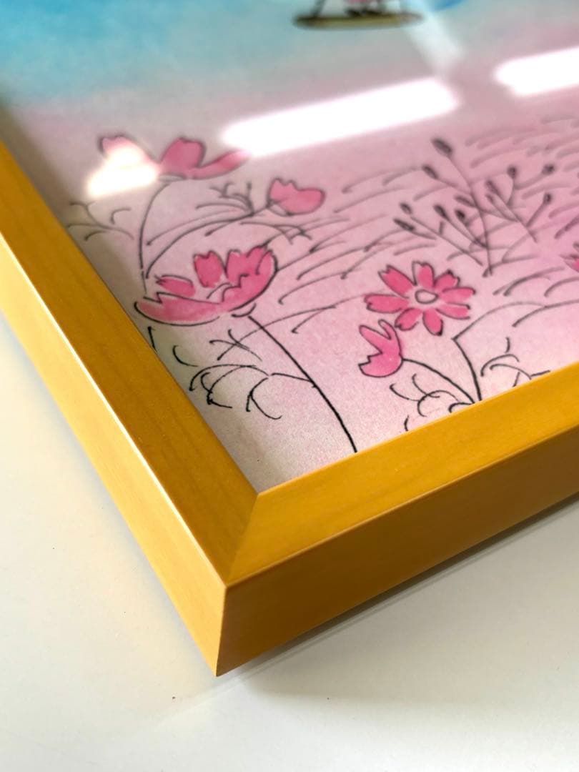 美品 みつはしちかこ　額付き絵　女の子ブランコ 秋のコスモス畑　小さな恋の物語