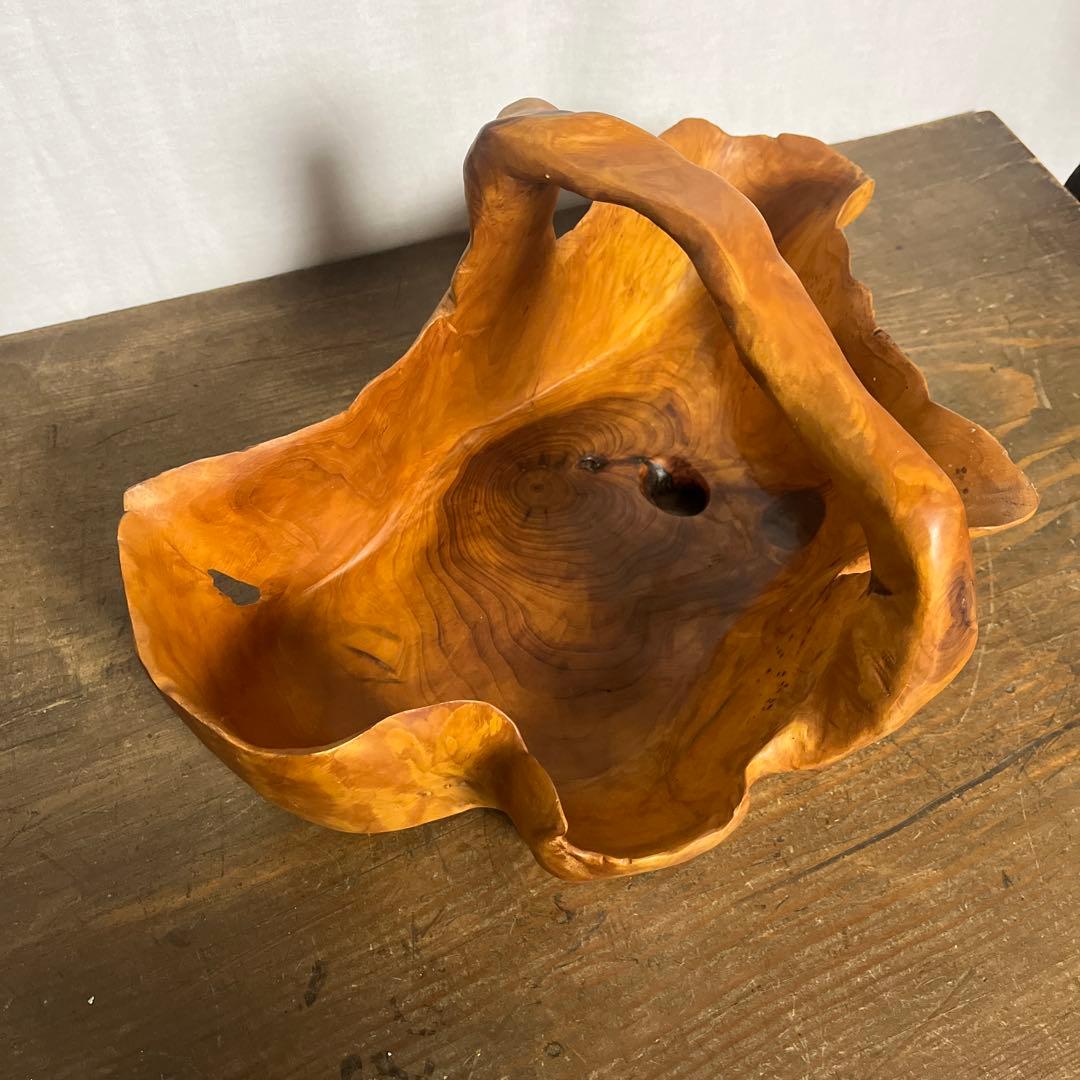 古雑貨 天然木◼︎くり抜き カゴ 鉢カバー バスケット 工芸品 ディスプレイ