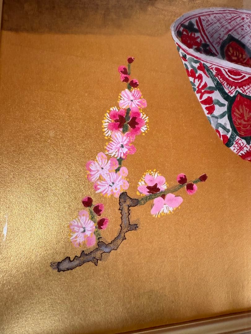小倉遊亀　紅梅と古鉢　手摺木版画