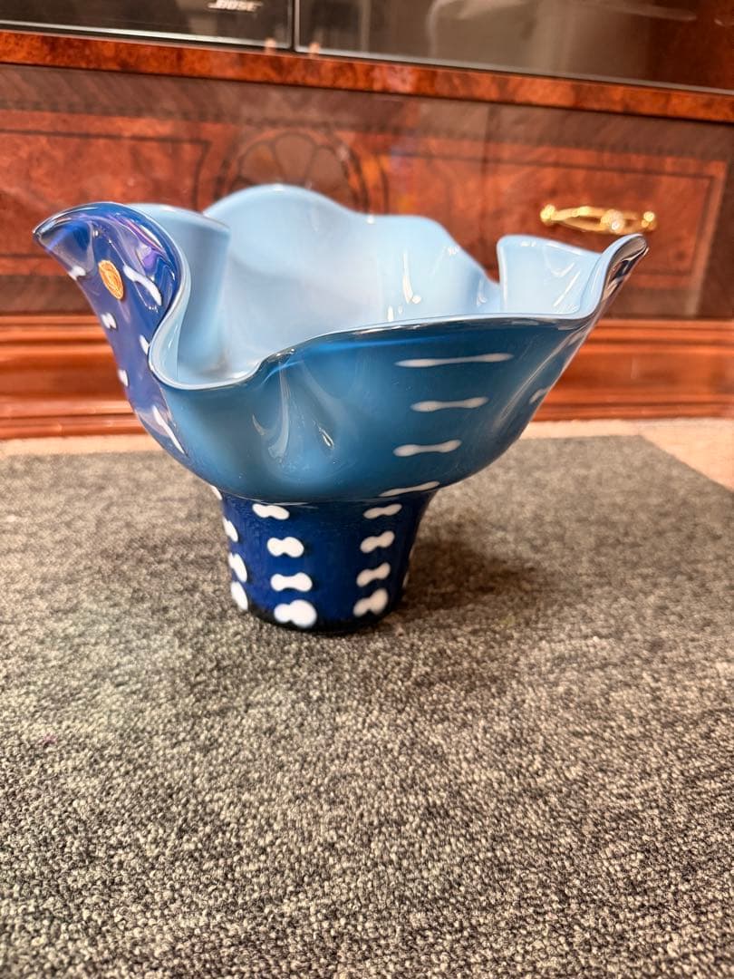 Glass Flower Vase ガラス花瓶 ブルー系 アートガラス 希少