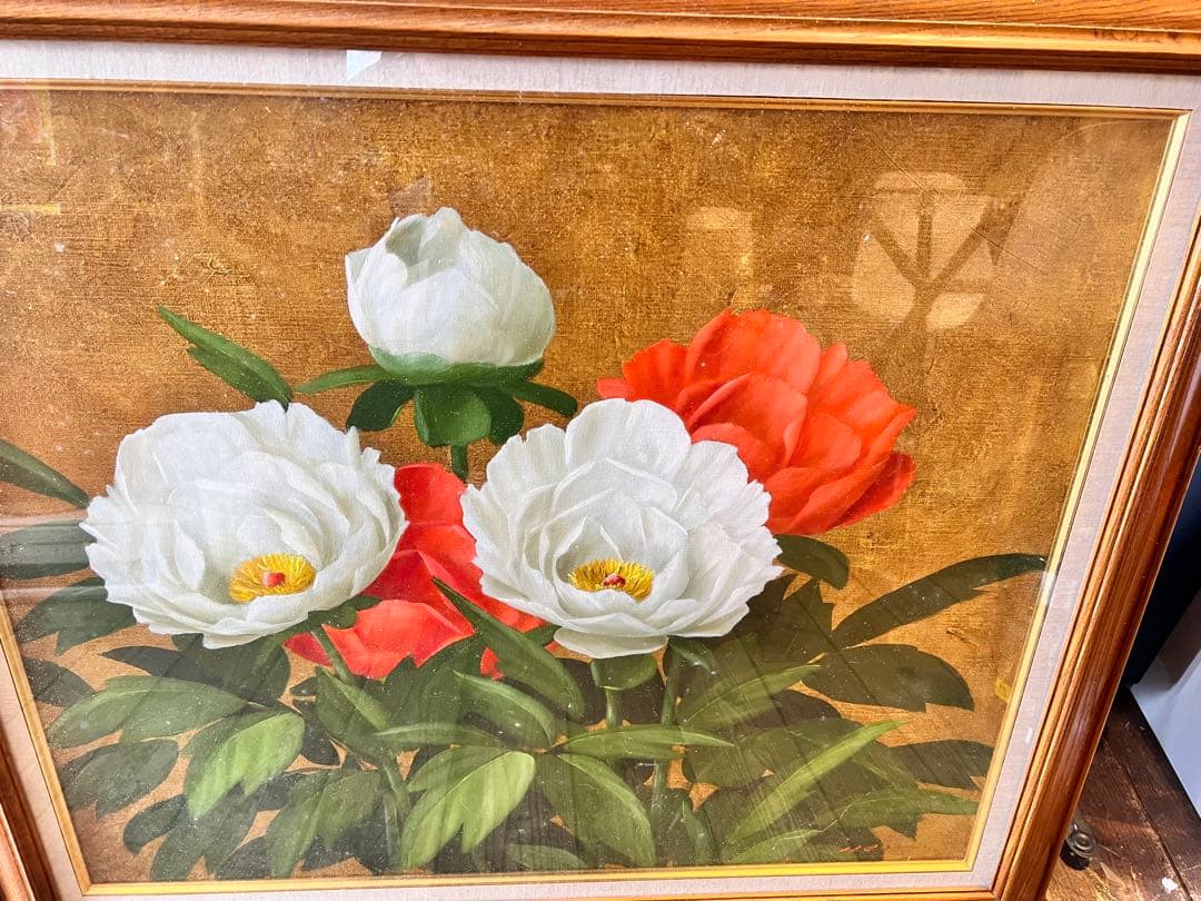 油彩画 安田英明 「牡丹」 真筆 額入り 額装絵画 油絵 植物画　インテリア