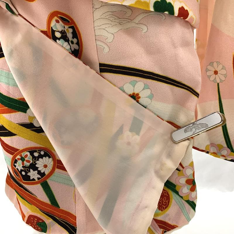 510ag42□七五三 三歳 セミアンティーク 女児 着物&被布 流水に花□良好