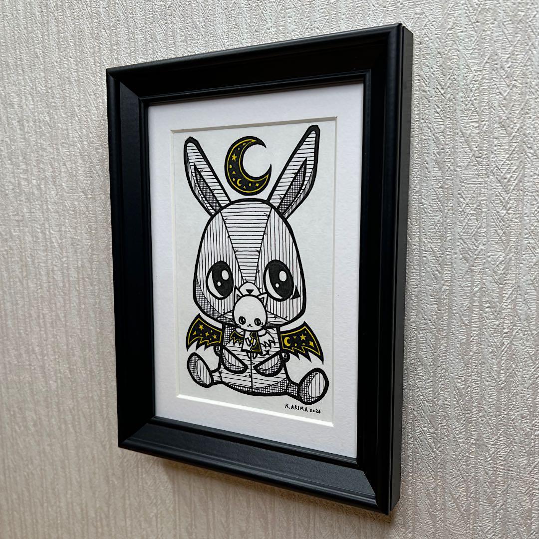 『小悪魔天使』原画一点物 絵画 手描き 癒し 猫 うさぎ 額縁付き アート作品