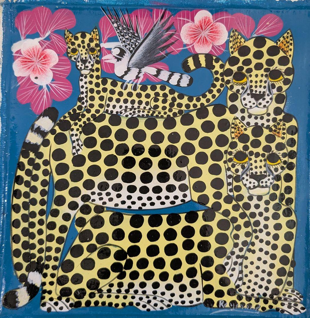 ●アフリカの絵画、ティンガティンガ、チーター、ナチュラル、20×20cm