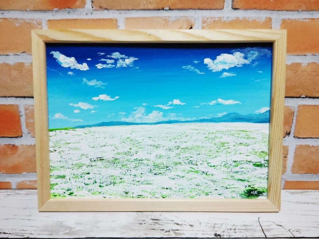 油絵 絵画 空と白いお花畑【A4】