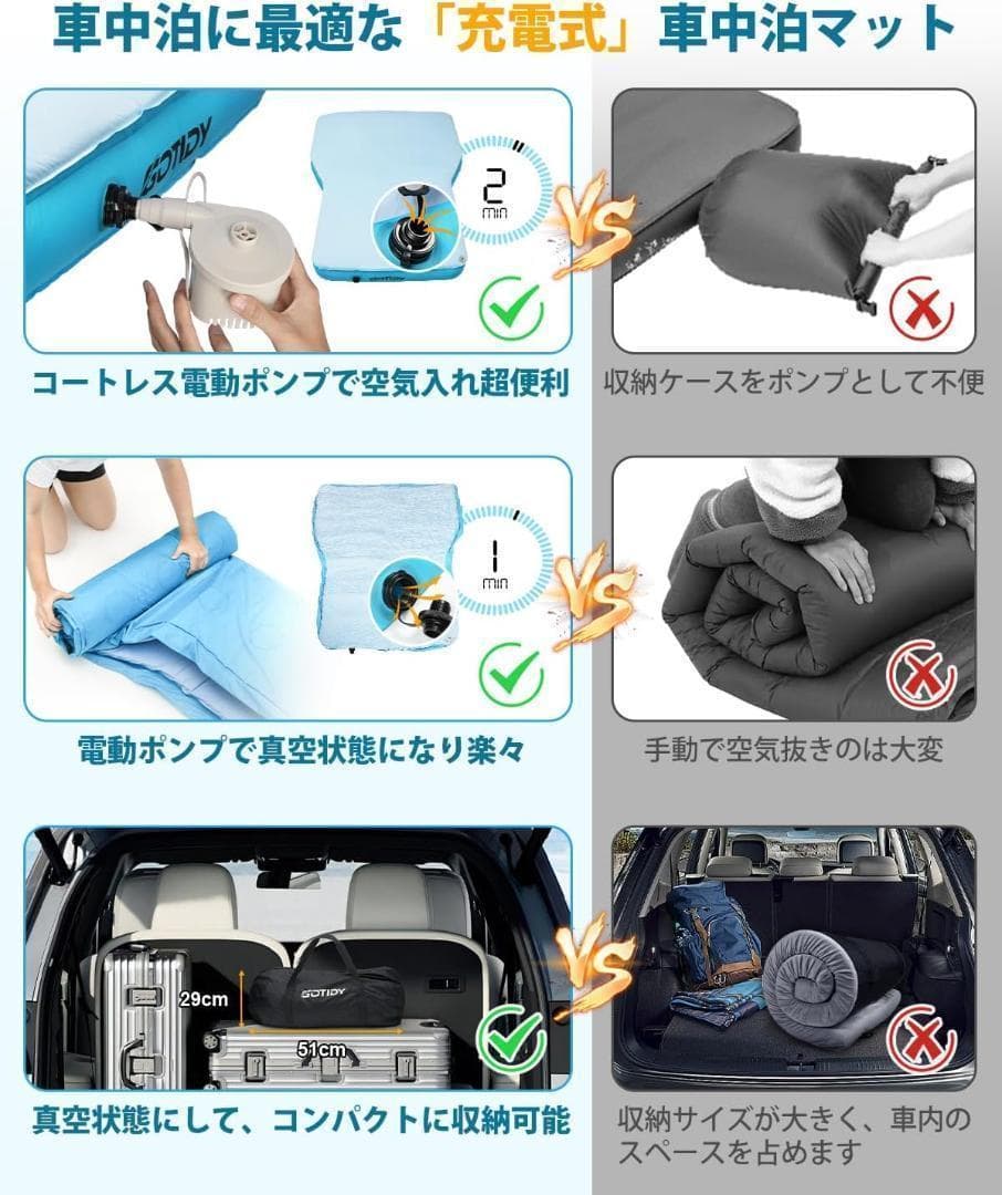 車中泊マット 段差解消 充電式ポンプ付 コンパクト収納 ダブルサイズ