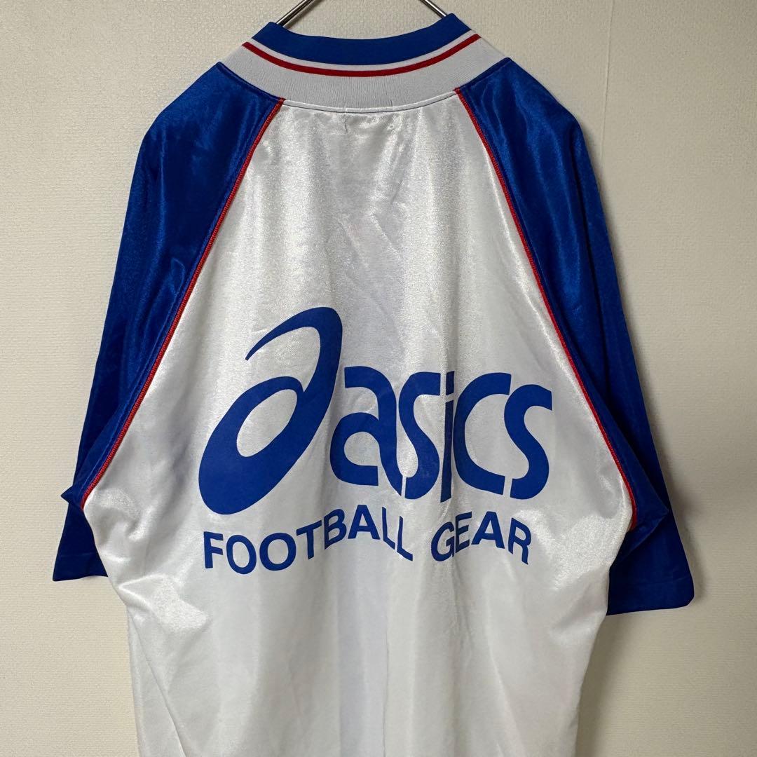 90s ASICS ゲームシャツ 日本製 サッカーシャツ ビッグロゴ 青白 レア
