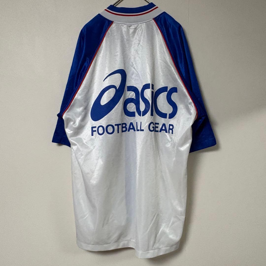 90s ASICS ゲームシャツ 日本製 サッカーシャツ ビッグロゴ 青白 レア