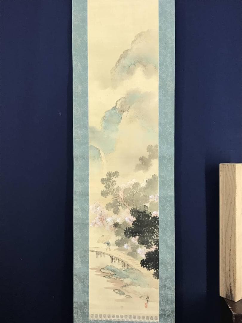 【真作】龍華/桜花春雨図/山水図/人物図/掛軸/名家伝来/AD-347
