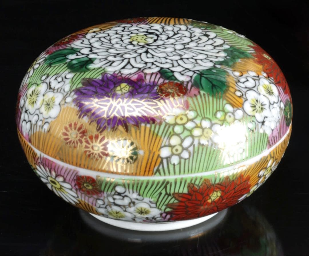 九谷焼 真山作 花詰百花文 香炉 香合セット 共箱 色絵金彩 三足香炉 茶道具