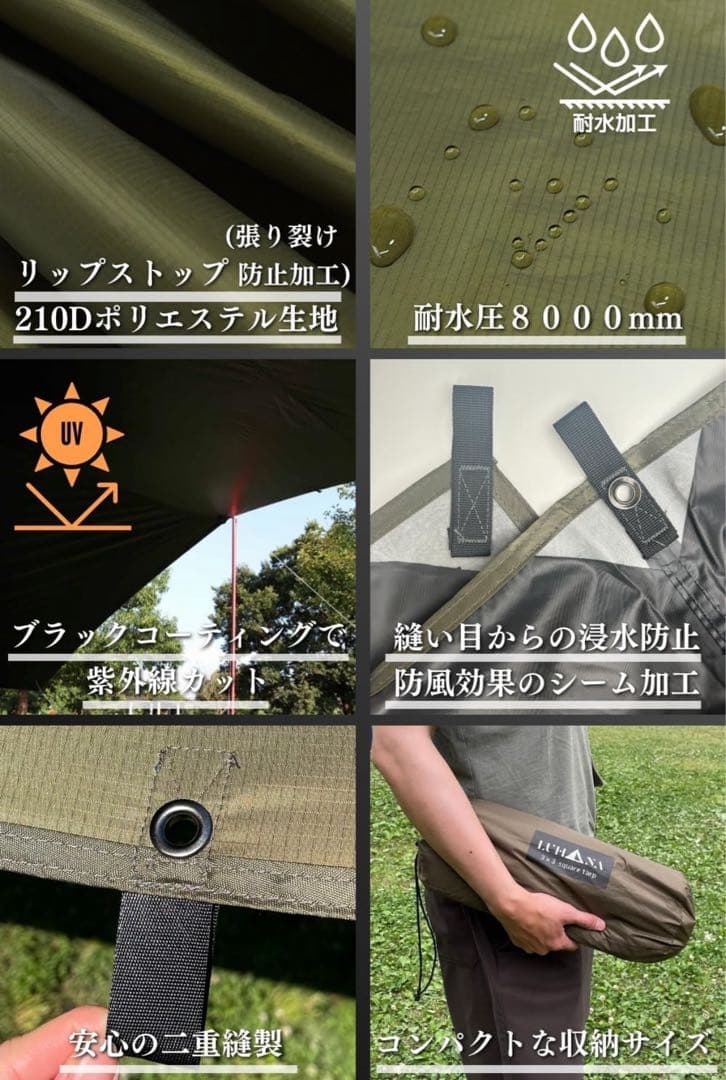 LUHANA タープ スクエア 難燃性 ブラックコーティング 耐水圧 4mx3m