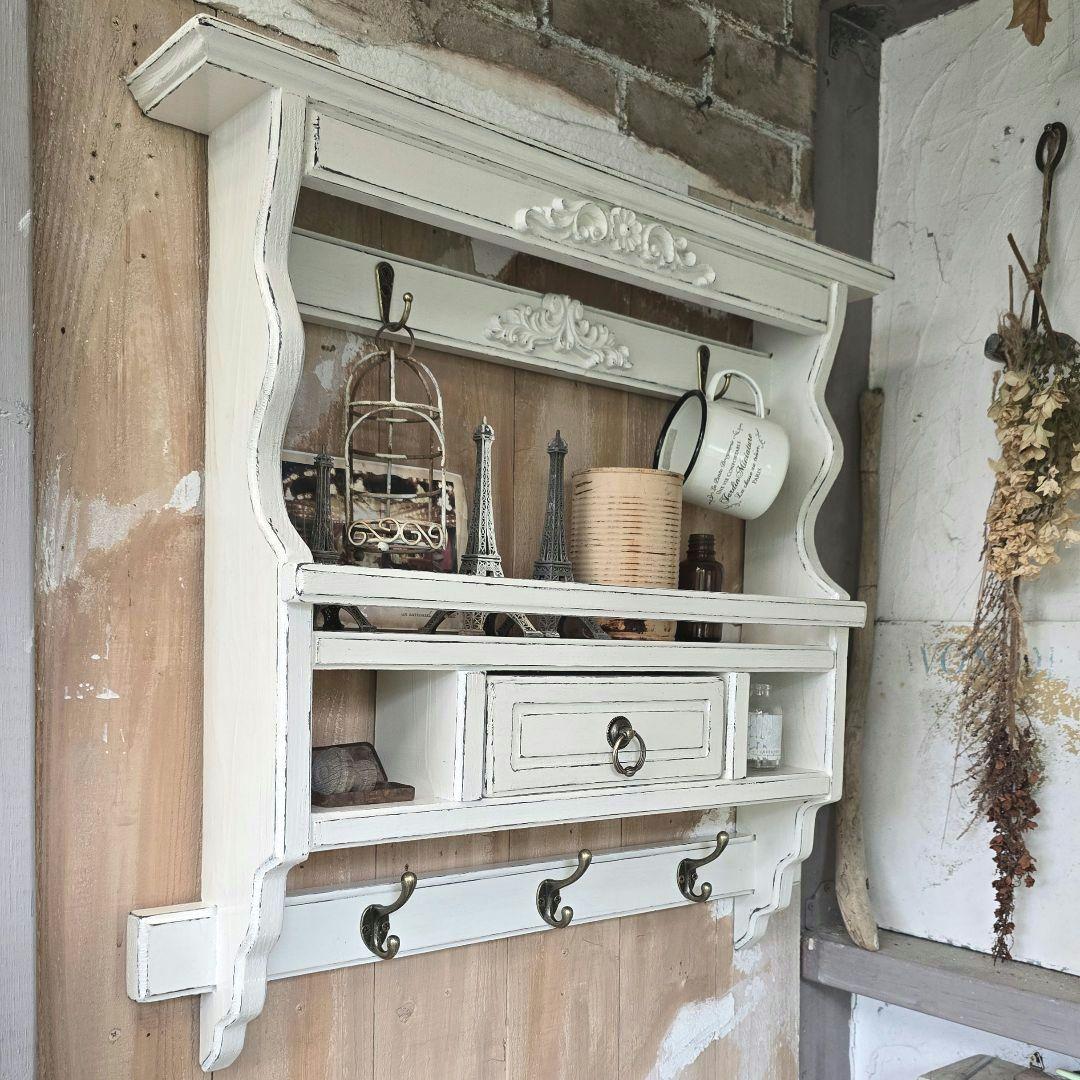 フレンチアンティークシャビー壁掛けシェルフ　ホワイト　ワイド540 モール