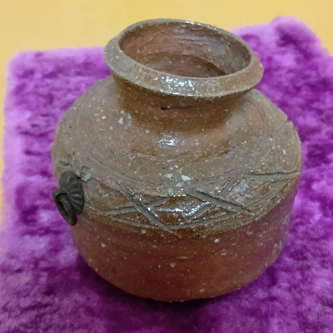 骨董品 信楽焼 蹲 花入 瑞峯造 共箱付 杉本瑞峯 茶道具 壁掛け花器 檜垣文