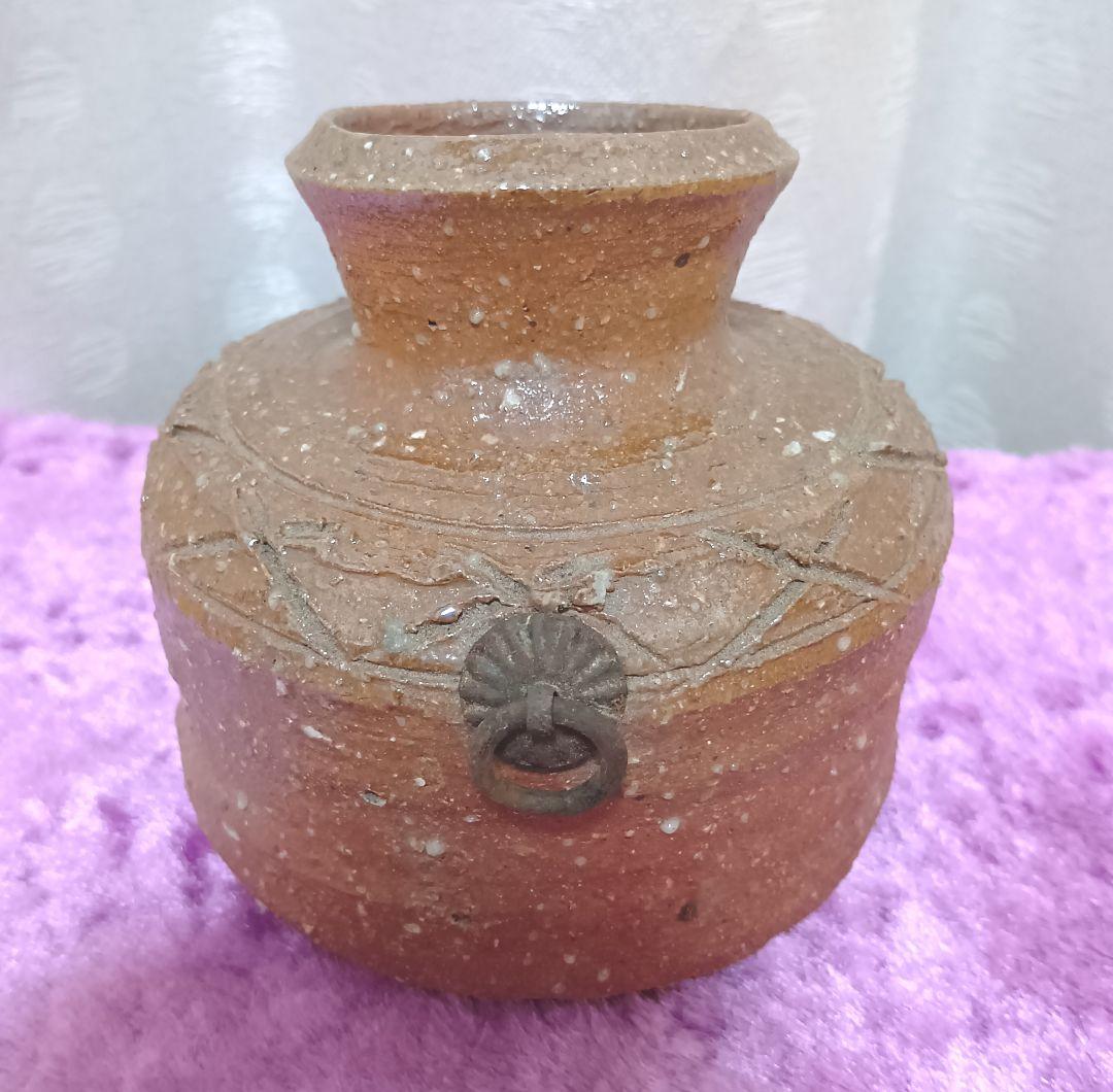 骨董品 信楽焼 蹲 花入 瑞峯造 共箱付 杉本瑞峯 茶道具 壁掛け花器 檜垣文
