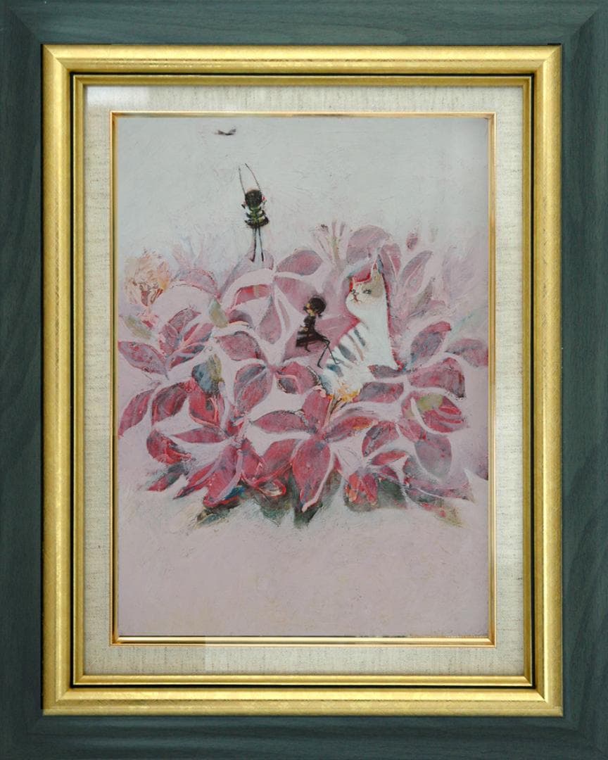 油絵 菅家令子 絵 絵画インテリア 額付(黒) uF6-070519子猫と女の子