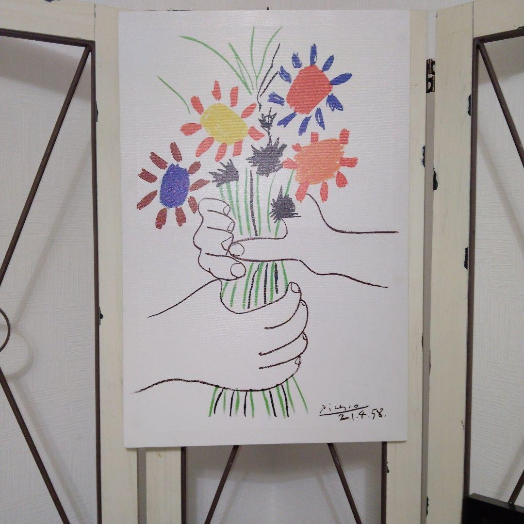 【美品】パブロ・ピカソ　「花束を持つ手」キャンバス　印刷画　サイン入り60✕40