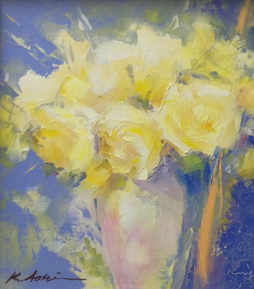 絵画 油絵 青木今陽 肉筆油絵 静物画 淡い色合の花々