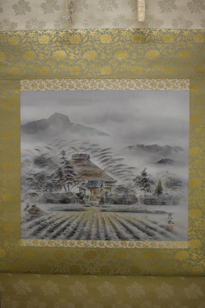 真作/四方山蒼風/秋景田家図/布袋屋掛軸HF-991