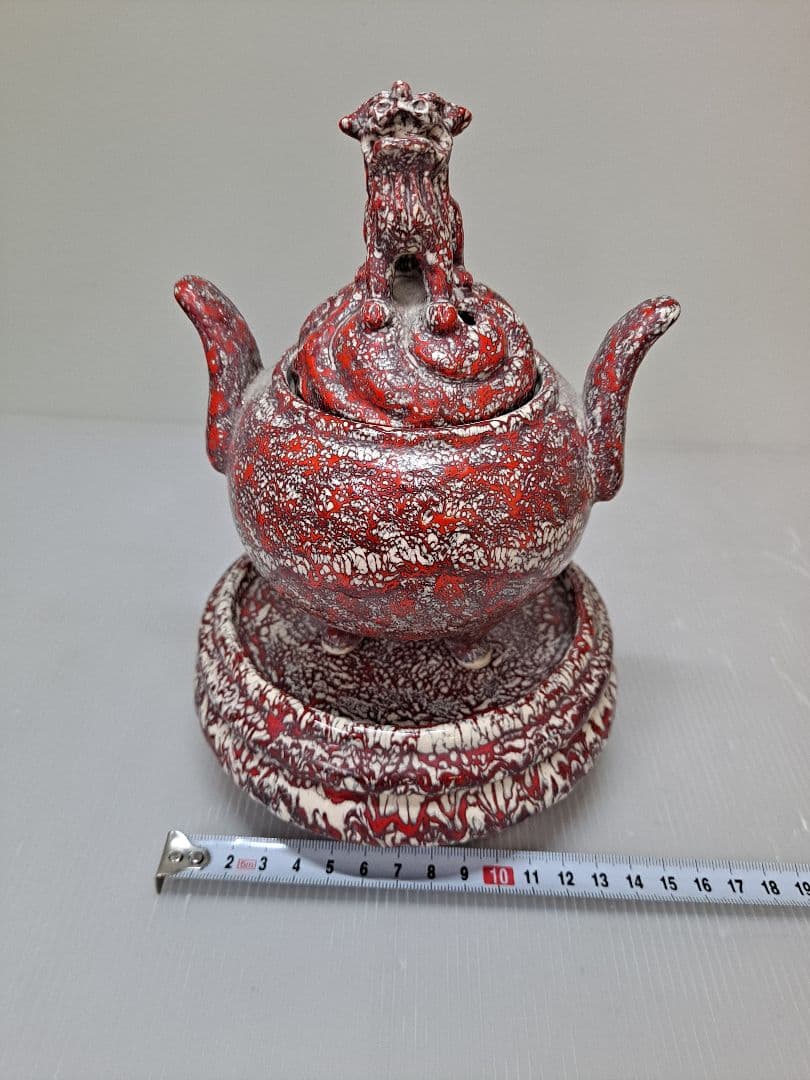 美品 未使用 箕面焼 二代松田箕山 獅子付き 耳付き 三ツ足香炉 茶道具 共箱