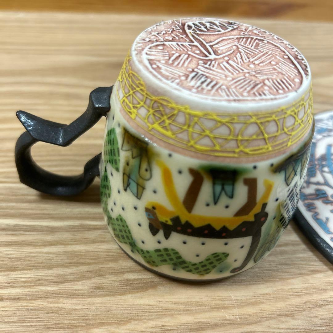 作家　陶芸作家　人気作家　下和弘　色絵釉彩カップ＆ソーサー　猫　1点もの　希少