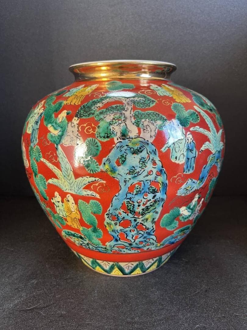 【未使用】　九谷焼 青木木米 色絵　赤地　唐子図　象　老人 花器 花瓶 壺